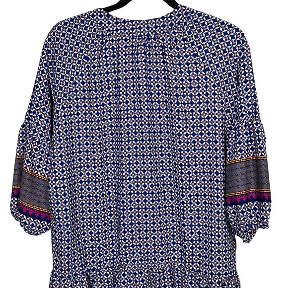 Peach Love California Boho Blue Mini Dress Puff Sleeve Border Print Small - Picture 10 of 12